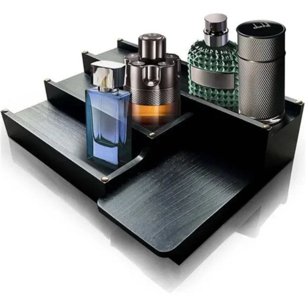 New Cologne Organizer for Men - 4 Tiered Solid Wood Cologne Stand Display Shelf